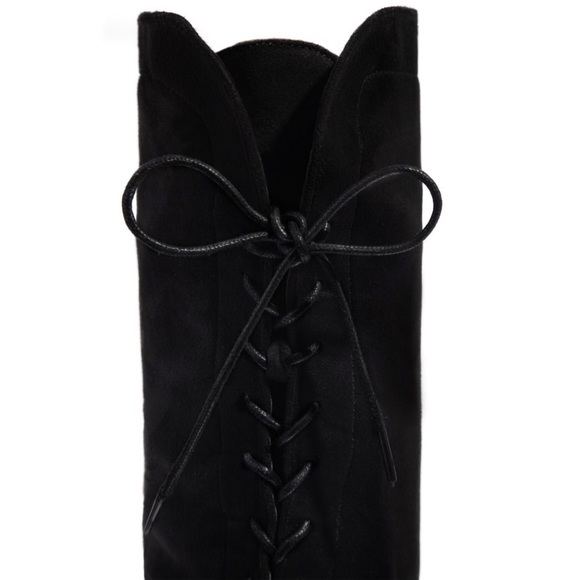 Black Over The Knee Chunky Low Heel Lace Up Boots - Picture 3 of 9